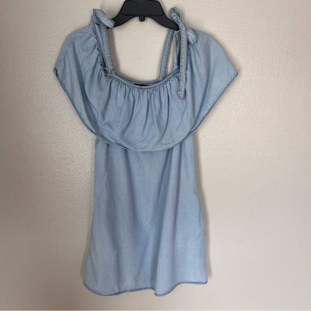 Sanctuary Chambray Sigrid Pocket Tie Off Shoulder Dress XS Blue Casual